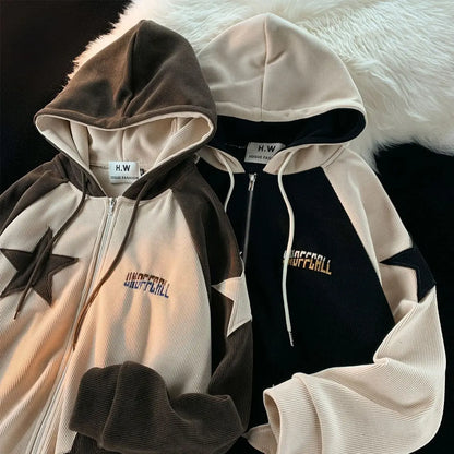 American Retro Star Patch Designs Zipper Hoodie Y2K - Eklat Collection